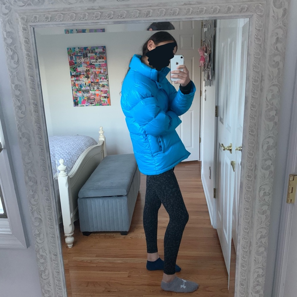 sky blue aritzia tan puffer jacket